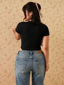 CovetEZ Plus Size Solid Color Casual Bodysuit, Spring/Summer New Arrival Date Night Black - Black - View 2