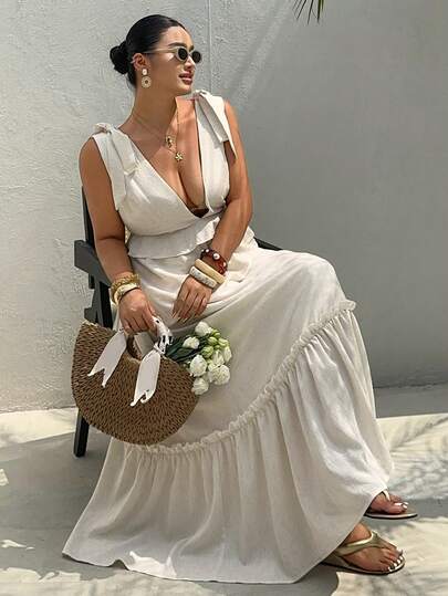 Dazy Plus White Dress, Elegant New Arrival, Casual Vacation Style, Spaghetti Strap, Plus Size, Women Spring/Summer Long Dress