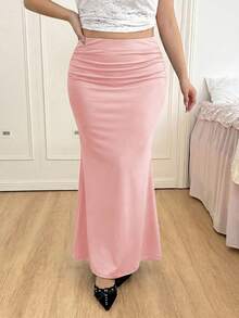 SHEIN EZwear 大码女式优雅纯色长款美人鱼裙 - 粉色 - 查看 8