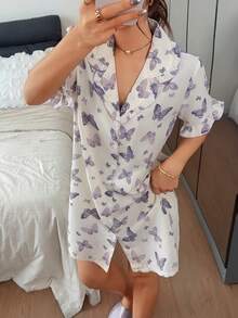 Napfluff 女士蝴蝶印花荷叶边开衫式睡裙 - 杏色 - 查看 6