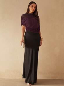 Silquee 女士纯色网纱拼接垂褶优雅性感连体衣 - 中紫紅色 - 查看 4