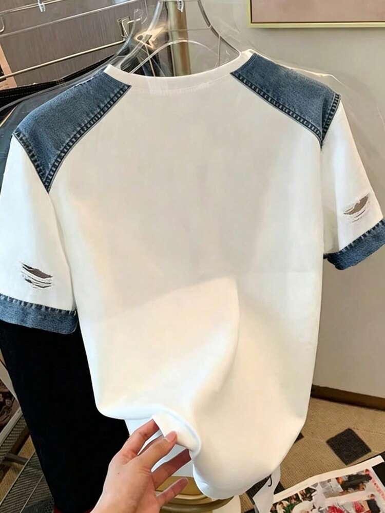Resyla Áo thun nữ cổ tròn thêu họa tiết, kiểu dáng denim thời trang, phù hợp cho cả ngày thường và các dịp trang trọng. - Màu xanh hải quân - Xem 2