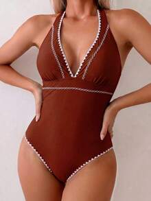 Swim Lushoire Women's Embroidered Trim Sexy Boho Casual V-Neck Halter One-Piece Swimsuit For Beach Vacation White Summer - Burgundy - View 4