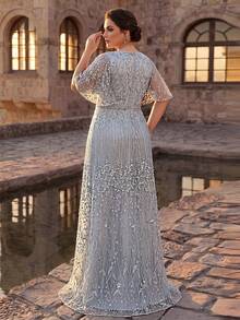Serin Đầm cưới dáng chữ A sang trọng, tay bồng, màu xám, cỡ lớn, đính sequin và kim sa lấp lánh, phù hợp cho đám cưới, tiệc tùng, các dịp trang trọng, hoặc dành cho mẹ cô dâu. - Xám - Xem 4