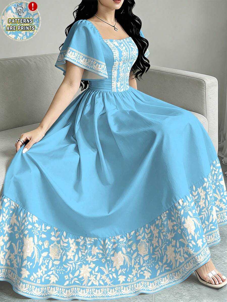 Modelyn Vestido de manga corta con cuello cuadrado y manga abullonada con estampado floral, vestido midi de cintura ceñida para el verano, vestido azul con estampado floral - Multicolor - Ver 1