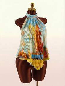 Amplova 2026 New Arrival Asymmetrical Oil Painting Pattern Women Tank Top, Summer - Yellow - View 4