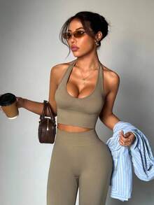 BamGleam Women's Solid Color Minimalist Halter Top And Pants Sports Suit Workout Sets - Khaki - View 8