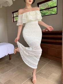 DAZY Đầm midi trễ vai thanh lịch, thoải mái, chất liệu có họa tiết, dành cho nữ, thích hợp cho mùa xuân và mùa hè. - Pearl White - Xem 8