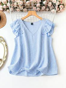 SHEIN LUNE Plus Size Women's Plaid Ruffle Sleeve Fashionable Versatile V-Neck Blouse - Baby Blue - View 1