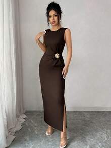 SHEIN Raffinéa Women's Solid Color Metal Decor Ruched Elegant Waist Party Dress - Brown - View 3