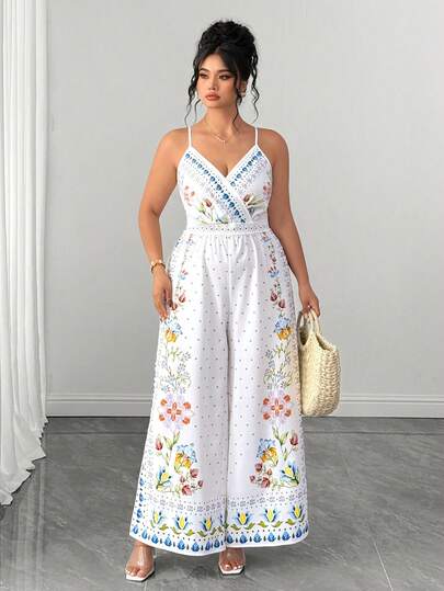 Elenzga Mono informal de pierna ancha con cuello en V sin mangas y cintura con cordón, blanco, talla grande, primavera/verano/otoño