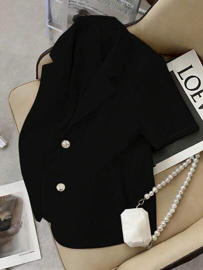 Franclia New Solid Color Short Sleeve Blazer Jacket, Minimalist Office Wear