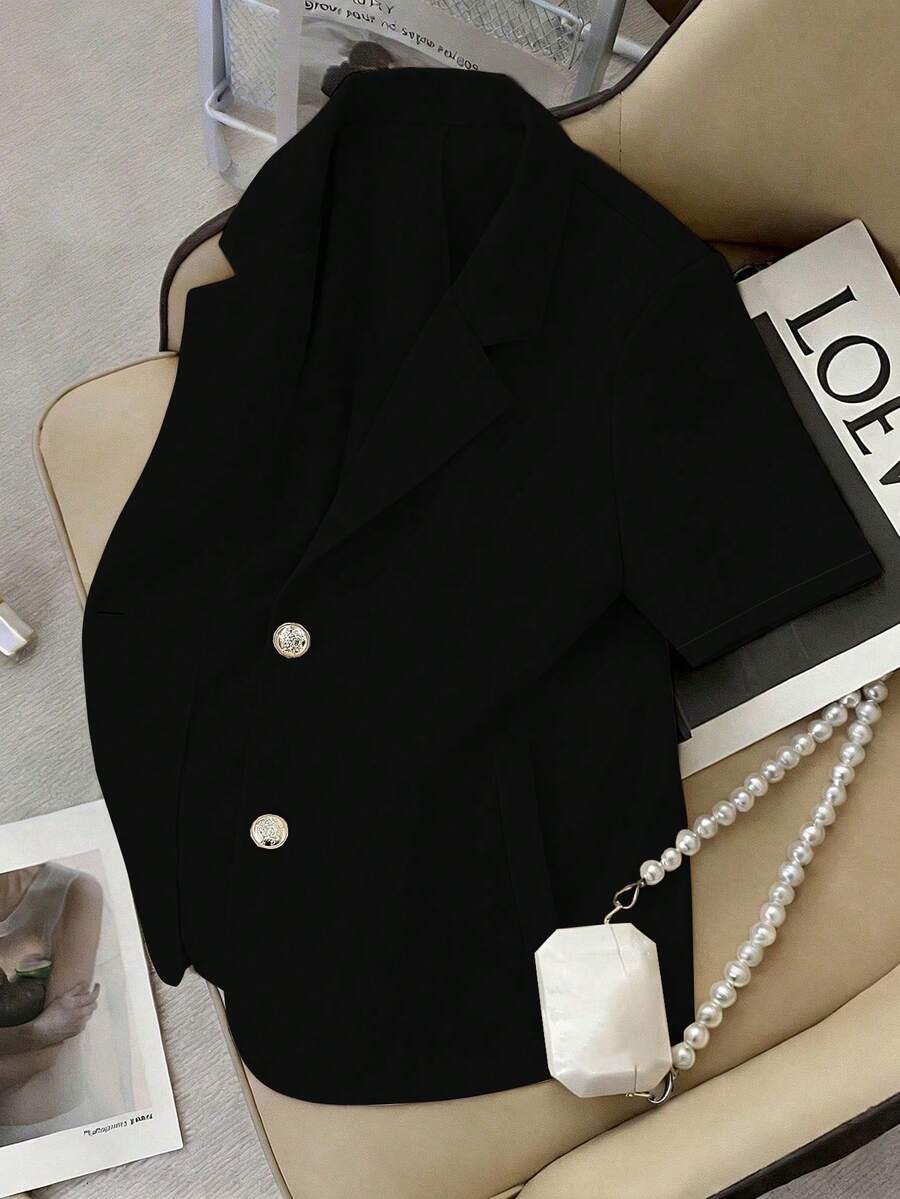 Franclia Nueva chaqueta blazer de manga corta de unicolor, vestimenta minimalista de oficina - Negro - Ver 1