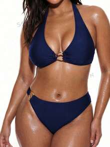 Oceva Plus Size Women's Solid Color Accessory Sexy Clubwear Top Paired With Matching Thong Bikini Swimwear Set - Navy Blue - View 3
