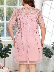 Reflora Plus Size Pink Floral Embroidery Mesh Patchwork Elegant Short Sleeve Dress,Summer Wedding Ninang Graduation Outfit For Women & Mother Party Clothes - Pink - View 3