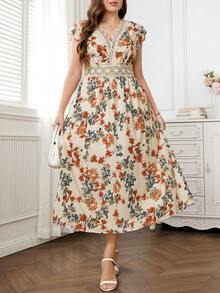 SHEIN Clasi Plus Size Elegant Floral Print Lace Patchwork Dress, Summer - Multicolor - View 4