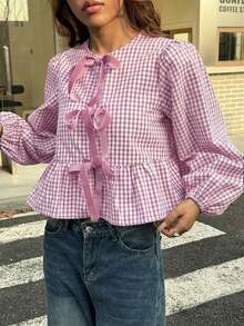 SHEIN EZwear 女士复古时尚黑白格子前襟天鹅绒系带泡泡袖宽松衬衫 - 藕粉色 - 查看 5