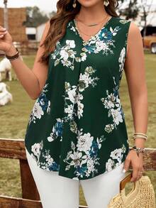 EMERY ROSE Blusa sin mangas con estampado floral verde para mujer talla grande, casual de vacaciones, blusas de verano para mujer, blusas de verano, uso casual diario, flores/verano - Verde - Ver 4