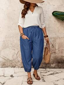EMERY ROSE Mature Denim Plus Size Women Belted Pocket Design Tapered 3/4 Length Jeans - Medium Wash - View 4