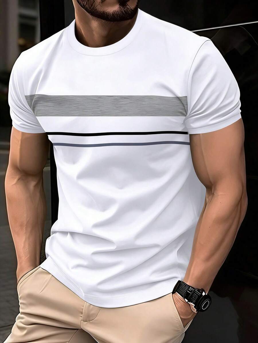 Manfinity Homme Áo thun nam cỡ lớn phối màu kẻ sọc phong cách thường ngày - Nhiều màu - Xem 1