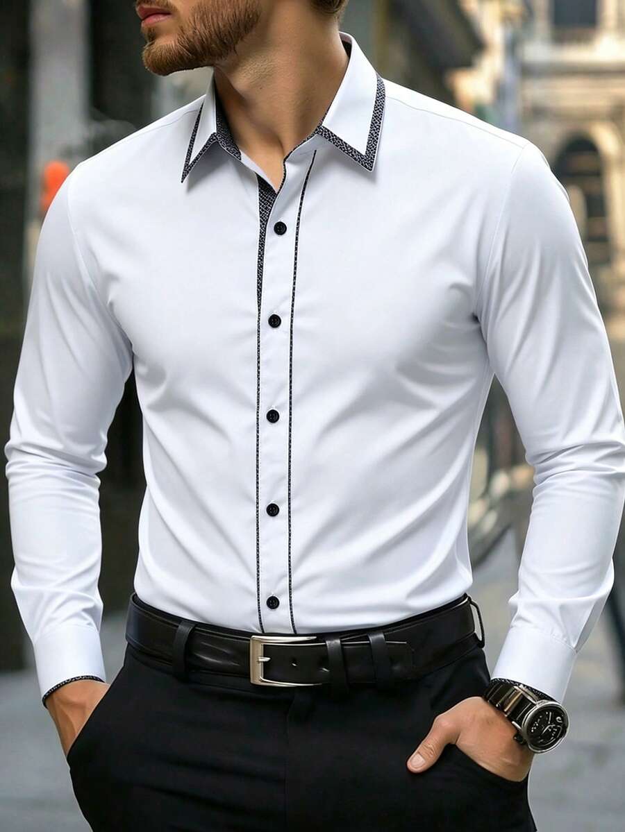 Calvornis Áo sơ mi nam tay dài đơn giản, đa năng, vừa vặn, thoải mái khi đi làm, áo sơ mi nam màu xanh nhạt, áo sơ mi nam công sở thường ngày, áo sơ mi nam có viền đen, áo sơ mi thời trang nam - trắng - Xem 1