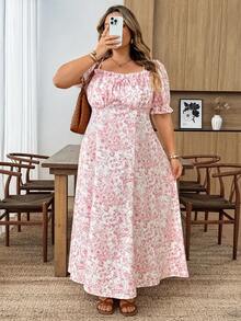 SHEIN CURVE+ Đầm ngắn tay mùa xuân/hè cổ bèo nhún, tay phồng, tay đèn lồng, lưng xếp ly, eo chữ A, chất liệu vải hoa nhí lãng mạn cổ điển, kiểu dáng thanh lịch thường ngày cho kỳ nghỉ của nữ. - Nhiều màu - Xem 11