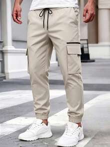 Manfinity LEGND Men's Elastic Waist Drawstring Casual Street Cargo Pants - Khaki - View 1