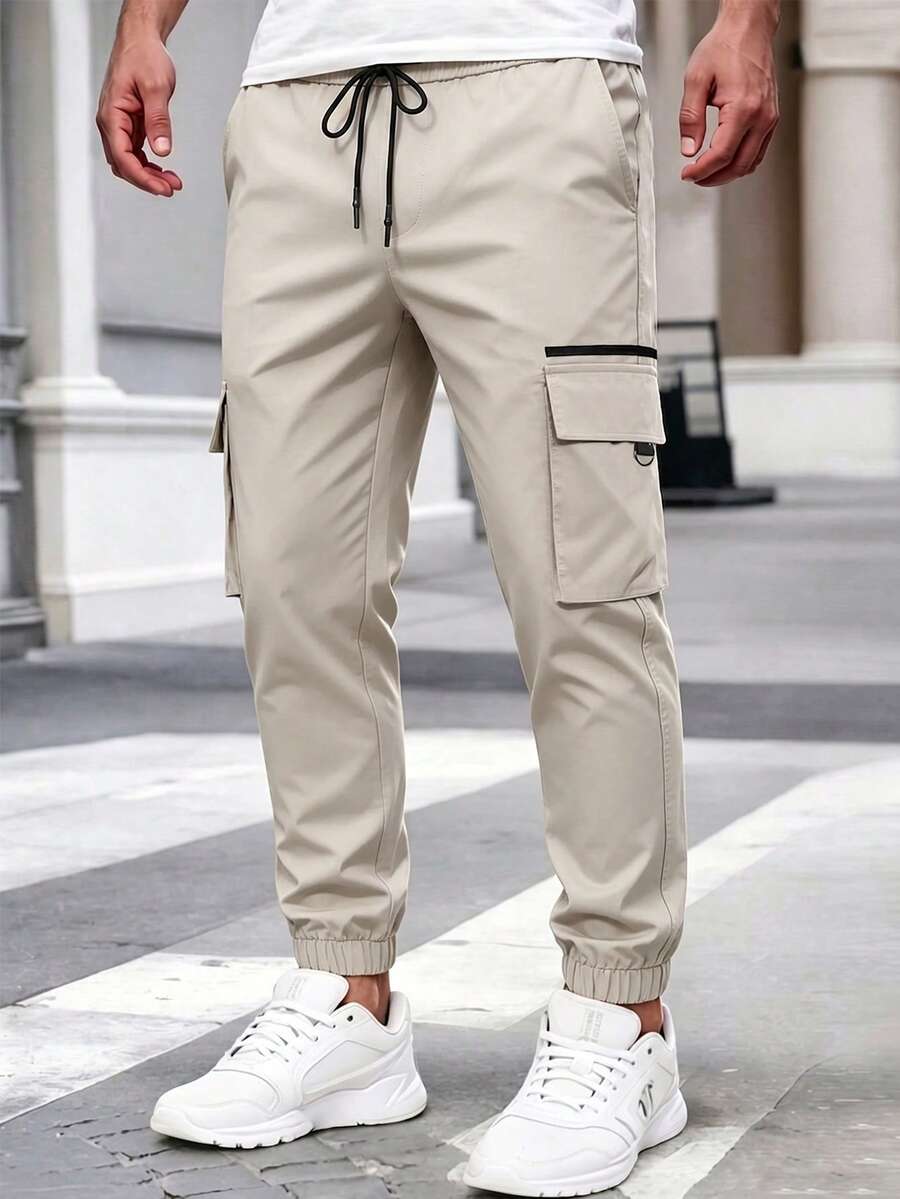 Manfinity LEGND Men's Elastic Waist Drawstring Casual Street Cargo Pants - Khaki - View 1