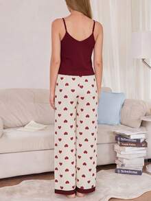Snug Reverie Solid Color V-Neck Camisole Contrast Heart Print Pants Pajama Set Sleeping Burgundy Beige Summer Cute - Multicolor - View 2
