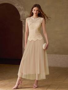 MOTF PREMIUM SUMMER DESIGN MESH PATCHWORK SLEEVELESS 3D FLORAL LACE ELEGANT PLEATED DRESS FOR WOMEN - Apricot - View 4