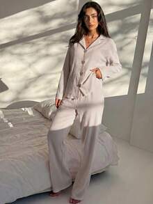 Aloruh Women's Striped Long Sleeve Top And Wide Leg Pants Casual Outfit Loungewear Women Striped Pajamas - Khaki - View 4