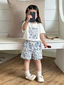 SHEIN Bộ áo thun và quần short in hình đại dương cho bé gái. - trắng - Xem 3