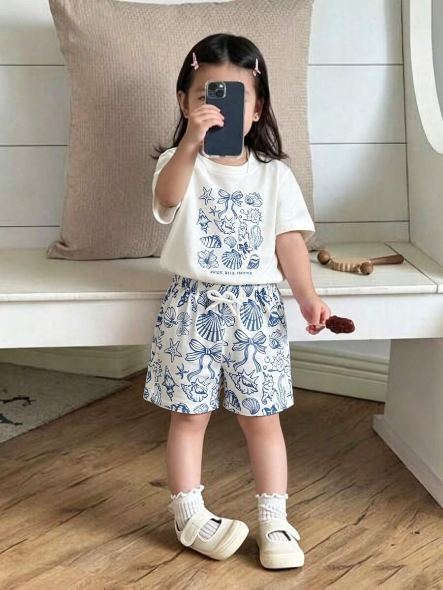 SHEIN Baby Girl Ocean Print T-Shirt And Shorts Set - White - View 1