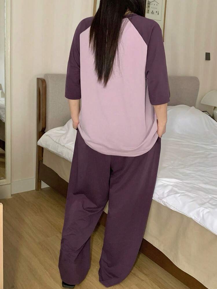 Dazy Plus 2pcs/Set Plus Size Women Letter Print Casual Raglan Sleeve Short Sleeve Pajama Set Summer