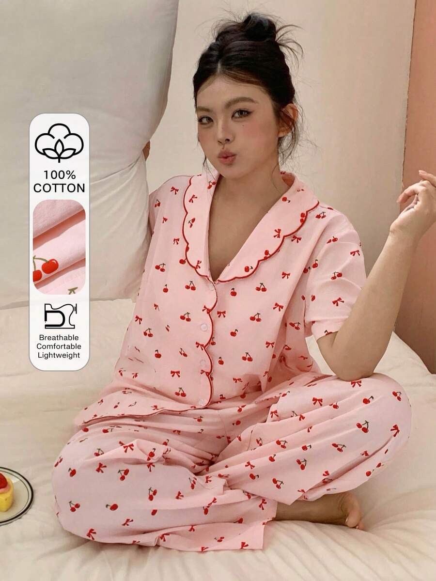 Dazy Plus 大码女式蝴蝶结樱桃印花撞色刺绣领睡衣套装,粉色,春夏款 - 粉色 - 查看 1