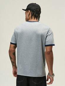 ÉpureWay Standard Size Men's Floral Grey Patchwork Navy Cuff T-Shirt, Casual College Letter Graphic, Versatile Daily Wear - Multicolor - View 2