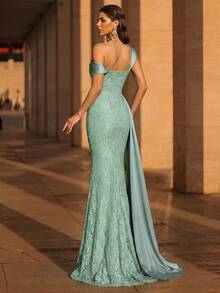 Glamrae Elegant Luxurious Satin Ruched Lace Splice Mermaid Dress With Slit,One-Shoulder Sleeves,Embellished Design For Weddings,Parties,Holidays,Galas,Formal - Mint Green - View 2