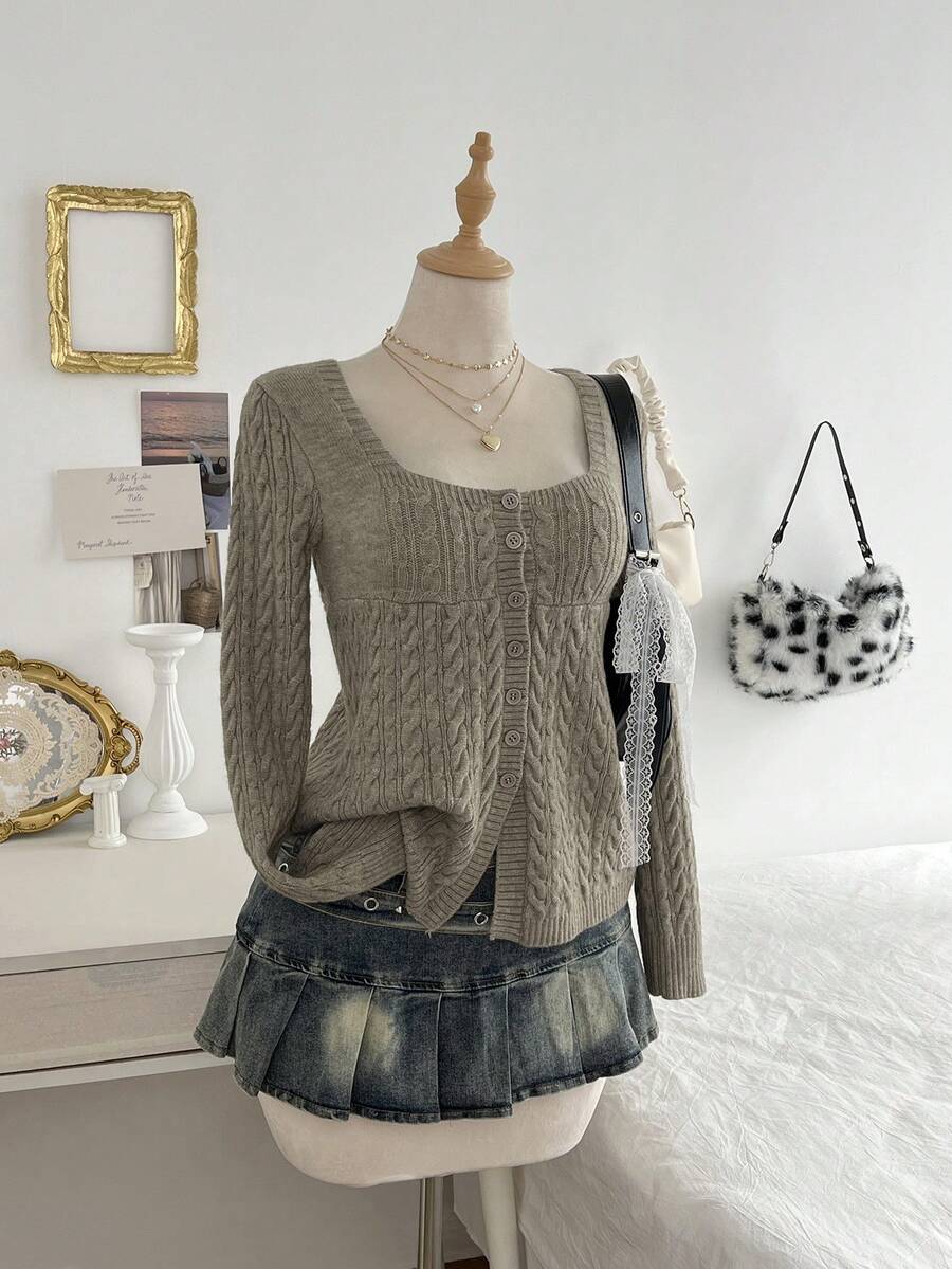 Elamini Vintage Casual Single-Breasted Long Sleeve Knit Cardigan For Women - Mocha Brown - View 1