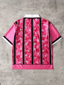 ROMWE MEN Prep 男士夏季时尚花卉字母条纹印花撞色Polo衫 - 粉色 - 查看 2