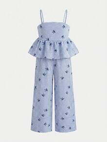 SHEIN Nova Glow 少女度假休闲编织蓝色条纹吊带背心和阔腿裤套装 - 藍白色 - 查看 3