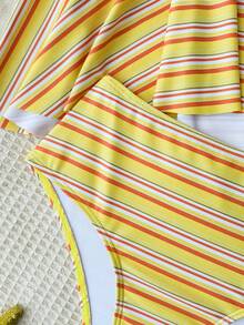 SHEIN 青少年女孩掛脖條紋金屬裝飾坦基尼與三角坦基尼兩件式泳衣套裝，適合夏季度假 - 黃色 - 查看 5