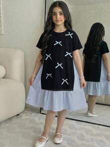 少女春夏度假休闲针织条纹蝴蝶结装饰宽松A字短袖连衣裙，藏蓝色，适合日常外出和返校季穿着 - 藏蓝色 - 查看 8