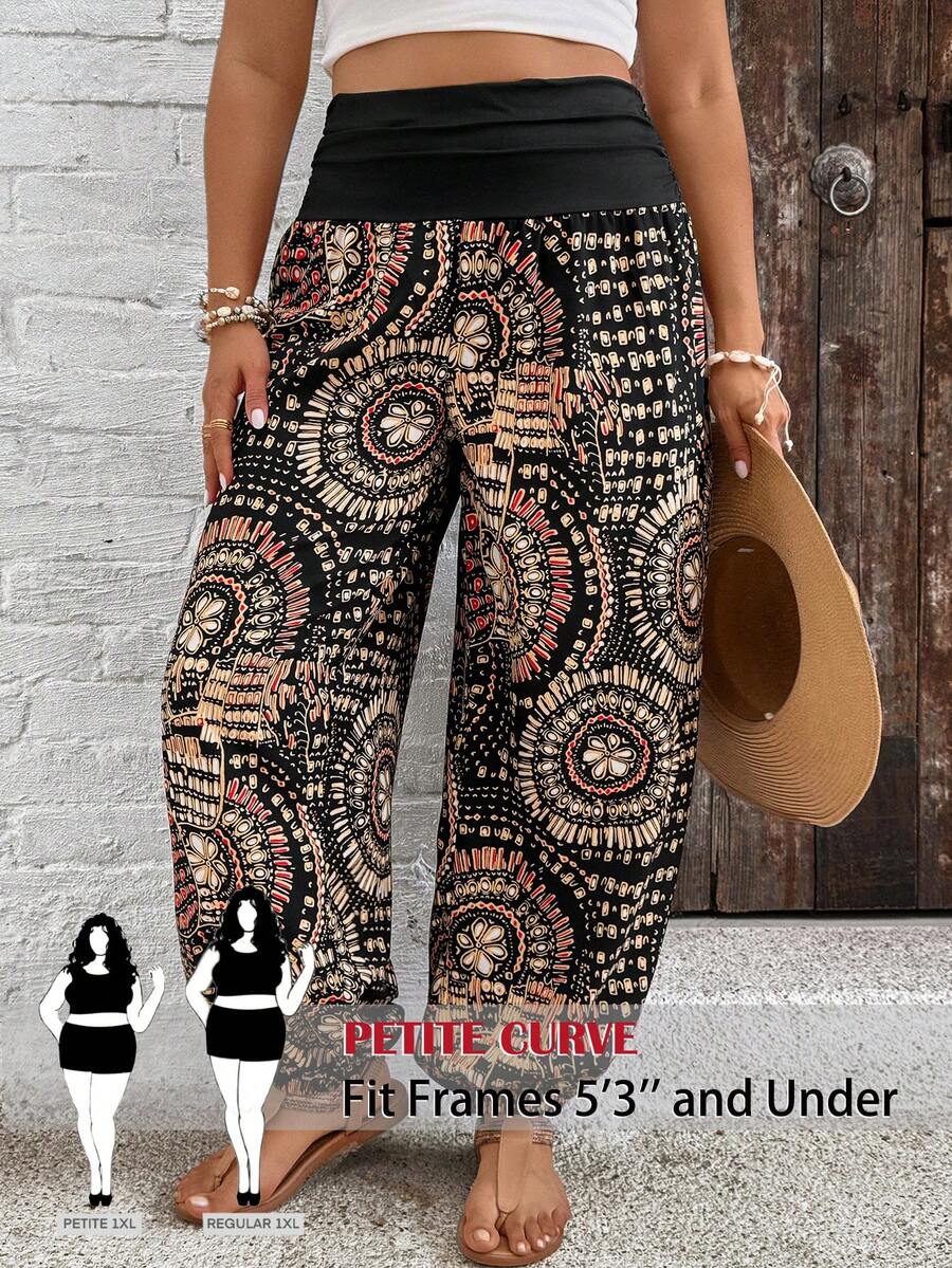 SHEIN PETITE CURVE Pantalones holgados de cintura alta con estampado floral para mujer de talla grande