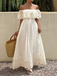 DAZY Women's Summer Vacation Hollow Embroidered Ruffle Off-Shoulder Dress Sundress - Apricot - View 4