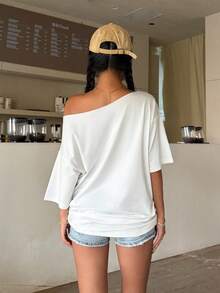 INAWLY Áo thun nữ cỡ lớn in hoa, dáng rộng, vai rớt - trắng - Xem 2