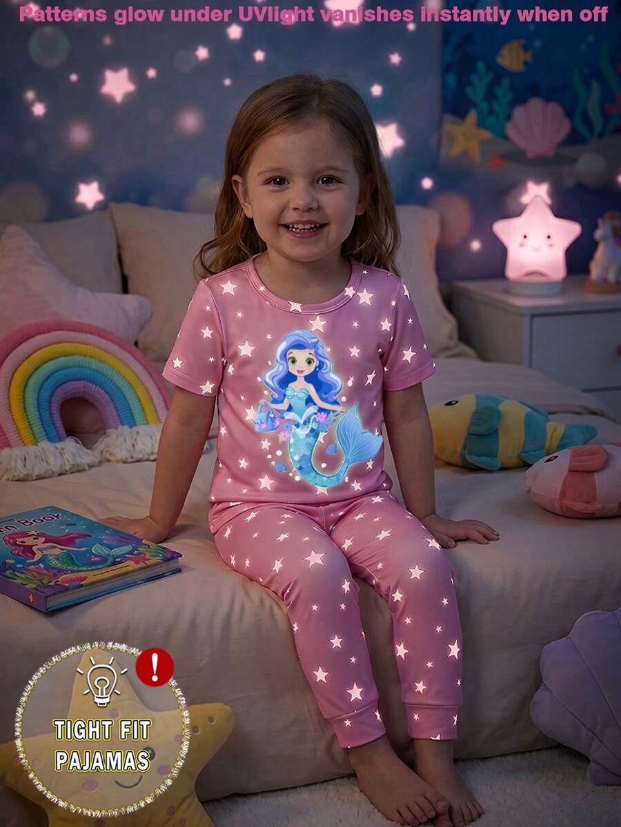 1 Set Mädchen Leuchtende Meerjungfrau Muster Eng anliegende Strick Kurzarm Top und Hose Pyjama Set