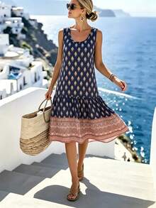 SHEIN Holidaya Women's Vacation Floral Print Ruffle Hem Sleeveless Dress - Navy Blue - View 5