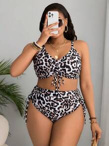 Slaydiva Plus Size Women Leopard Print Ruched Bikini And Triangle Panty Swimwear Set, Suitable For Summer Vacation And Beach - Multicolor - View 5