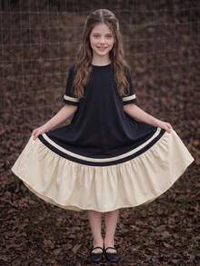 DAZY Tween Girls Round Neck Color Block Mid-Length Short Sleeve Dress Sun Dresses For Girl Summer - Apricot - View 7