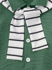 SHEIN Playful Pals 3件組 幼童男童韓系短袖POLO衫+百褶短褲+條紋披肩 綠色系 夏季休閒 親子套裝 3-24個月 - 綠色 - 查看 5